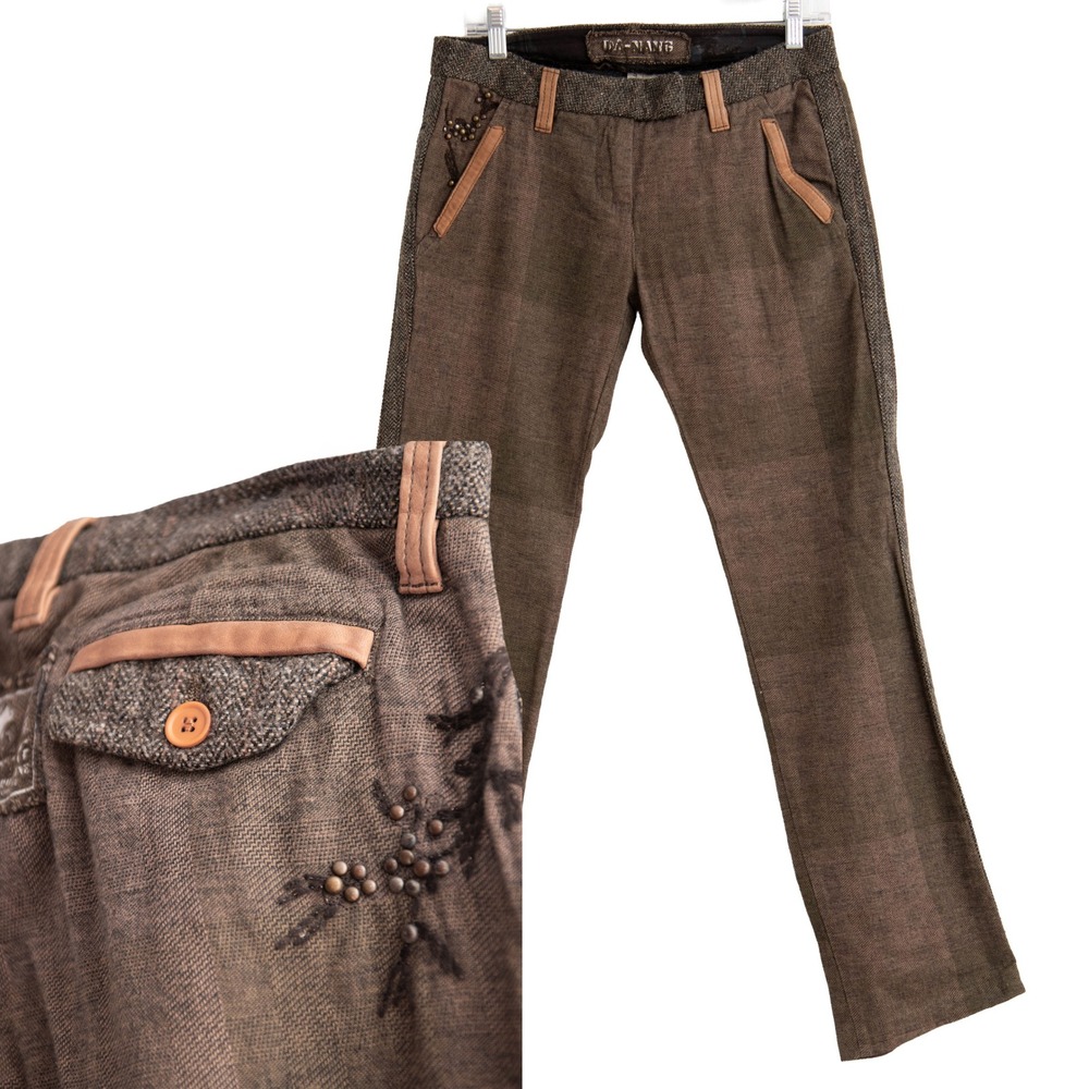 Da-Nang Plaid Low Rise Tweed Pants Embroidered Y2K‎ Grunge Distressed Academia